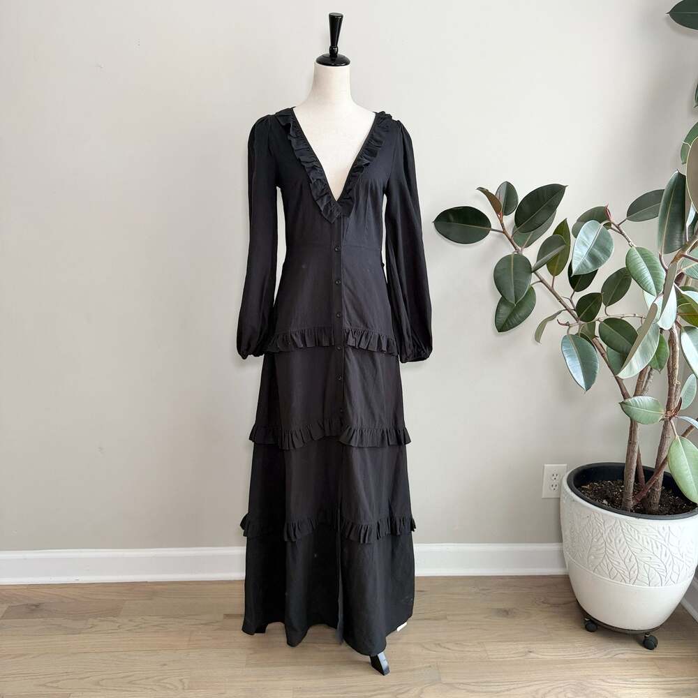 Commense Long Sleeve Tiered Ruffle V-Neck Semi Sheer Maxi Dress - Picture 3 of 9